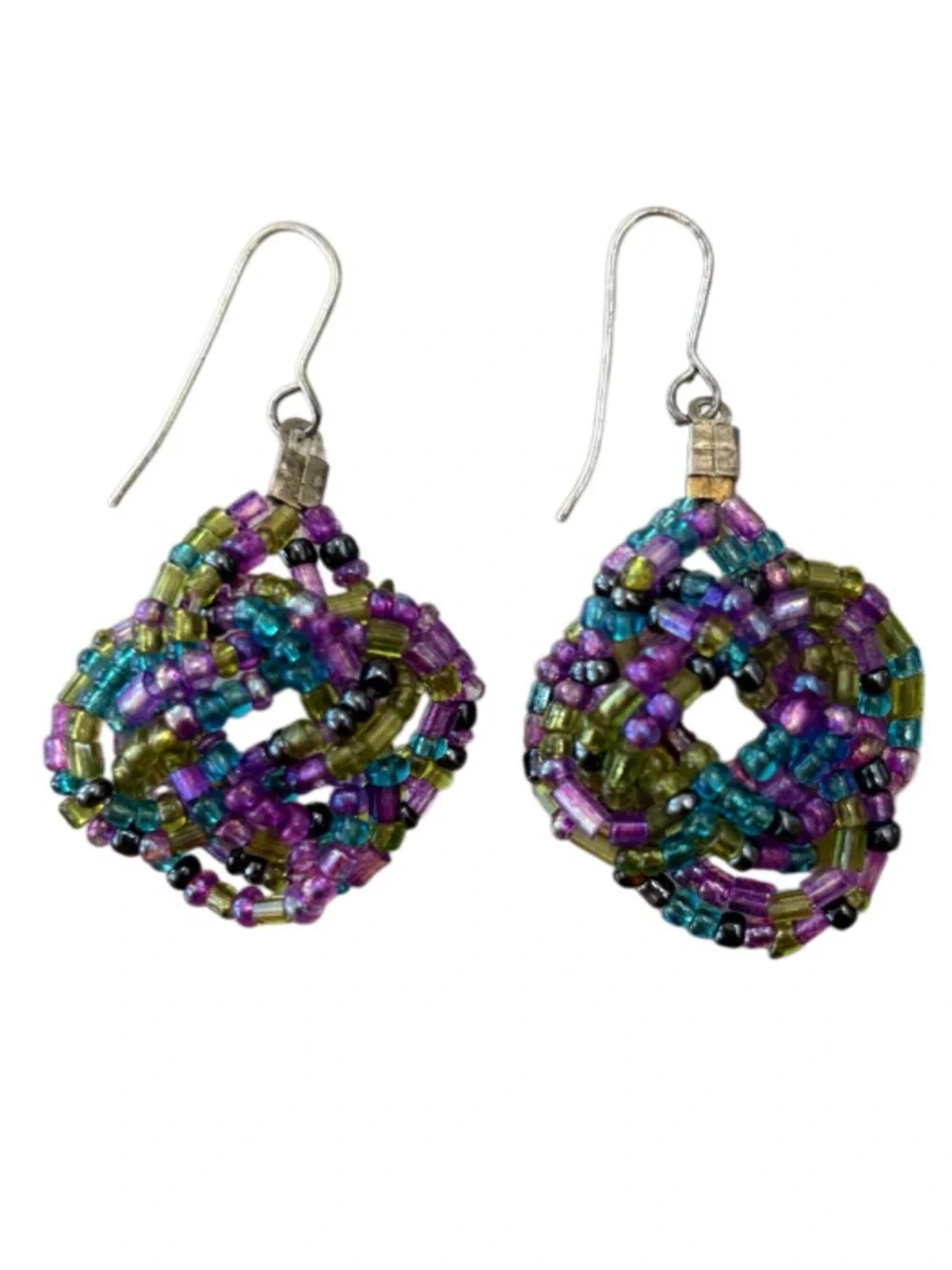 Vintage Beaded Earrings Handmade Flower Dangle Wire Coquette Blue Purple Rose